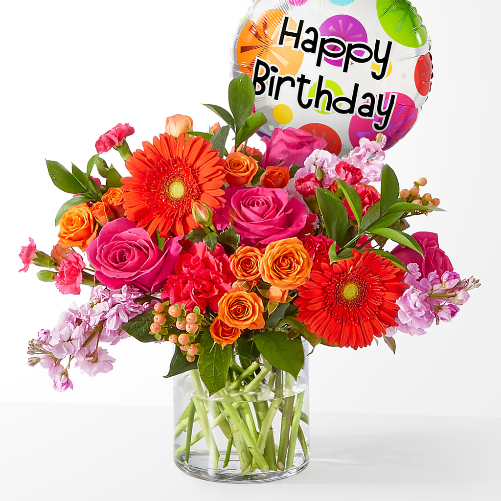 Fiesta Bouquet with Birthday Balloon – Ellijay Florist And Gifts, Ellijay GA