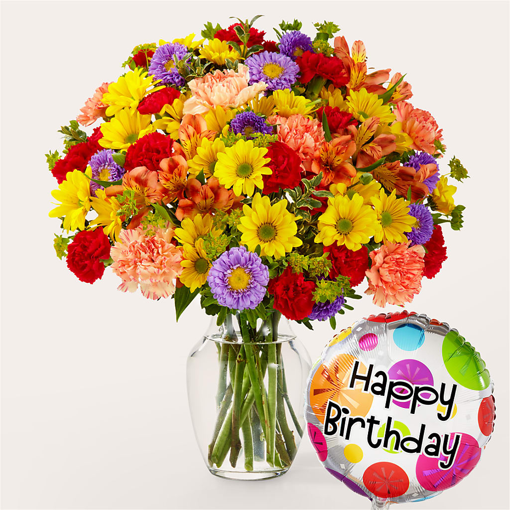 Kaleidoscope Bouquet with Birthday Balloon – Ellijay Florist And Gifts, Ellijay GA