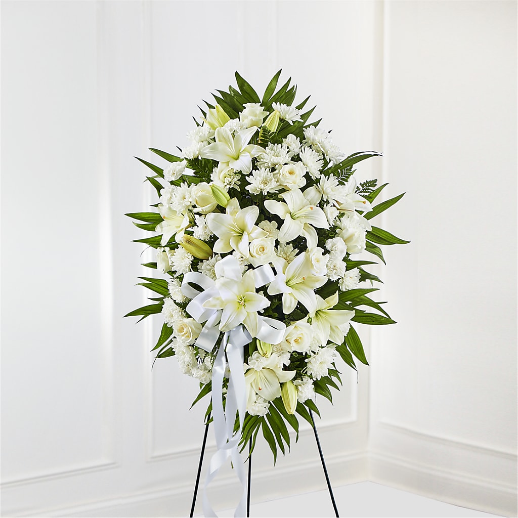 Exquisite Tribute Standing Spray-White Ribbon – Ellijay Florist And Gifts, Ellijay GA